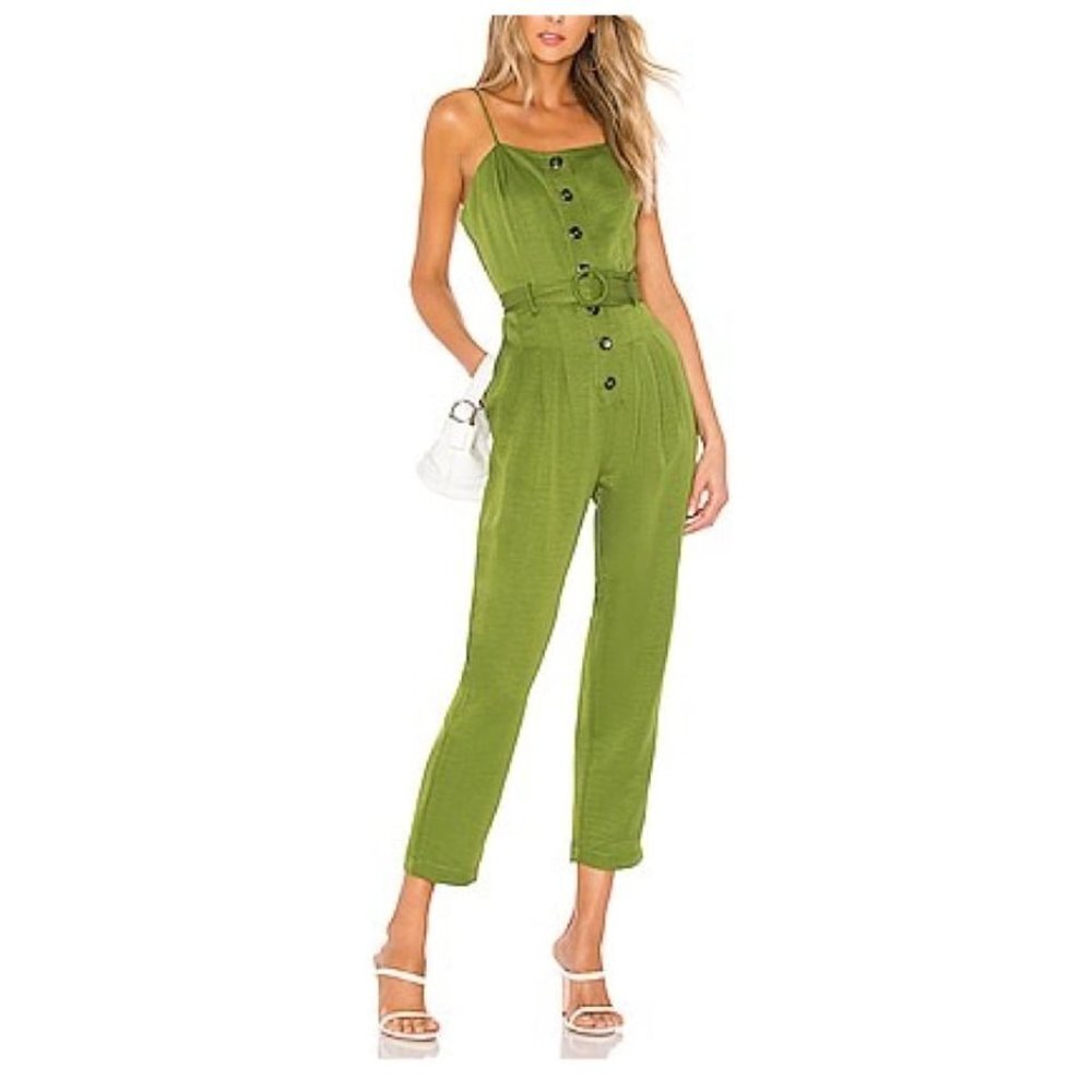 J.O.A. Olive Green Button-Front Belted Spaghetti-Strap Jumpsuit